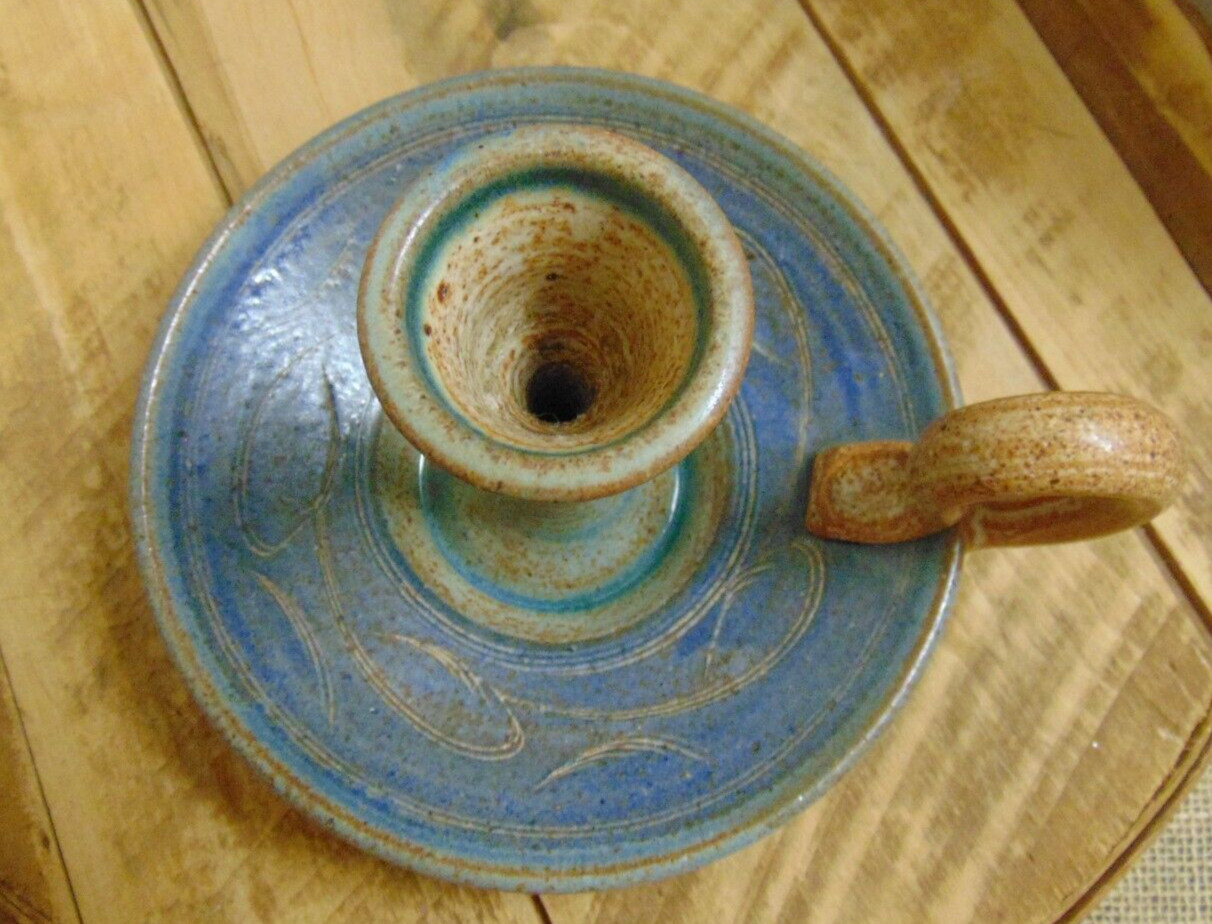 Studio Art Pottery Chamberstick Candle Holder w/ Drip Tray Glazed Artist Mark