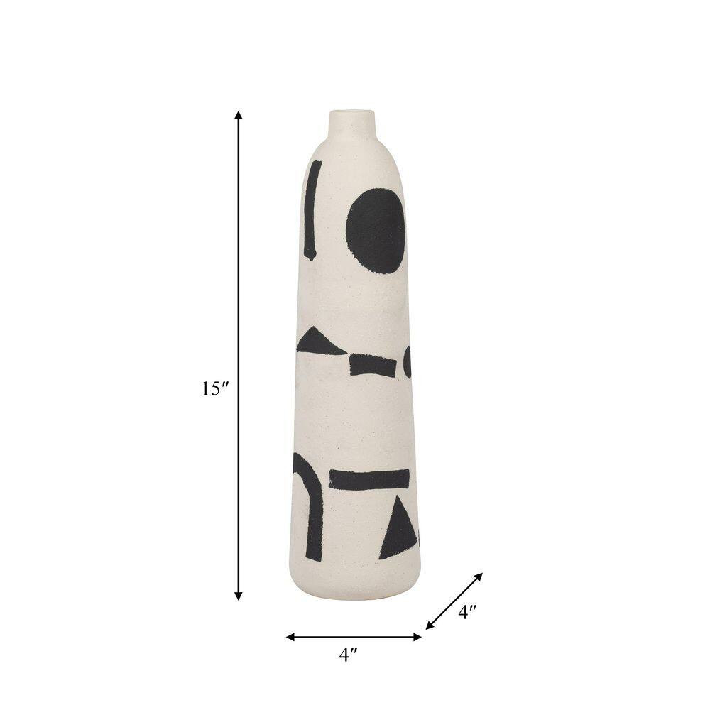 15 In. Ivory Stoneware and Suar Wood round Abstract Funky Decorative Vase