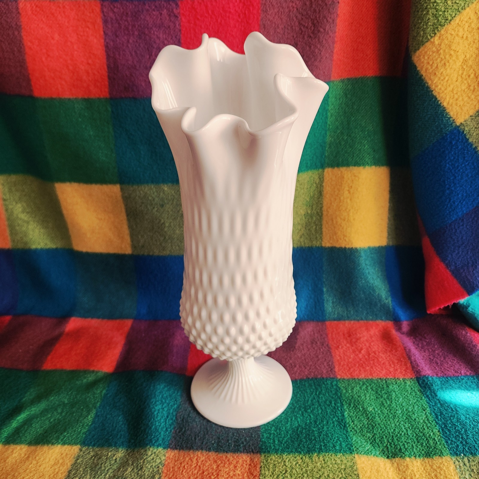 Stretched Hobnail White Milk Glass Fenton Handkerchief Swung Vase 13 1/2″ T