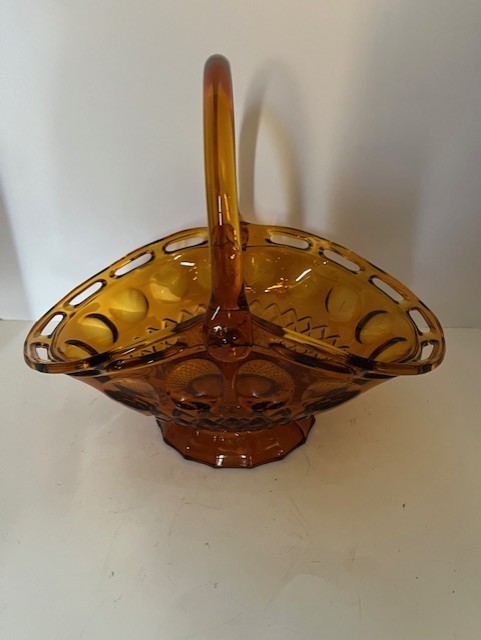 Vintage McKee Large Amber Glass Thumbprint Pattern Glass Basket