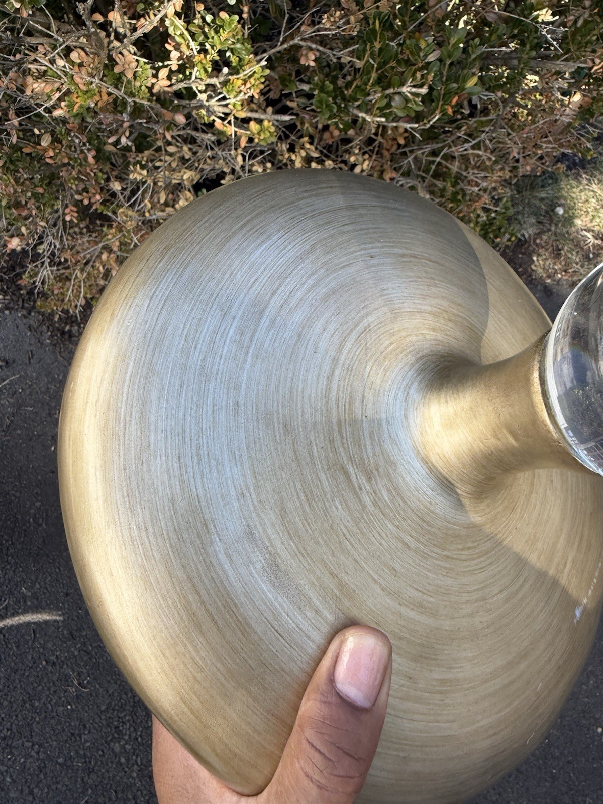 Carolyn Kinder Mid Century Brushed Aluminum vase with clear Ball 10″x 11″ Rare