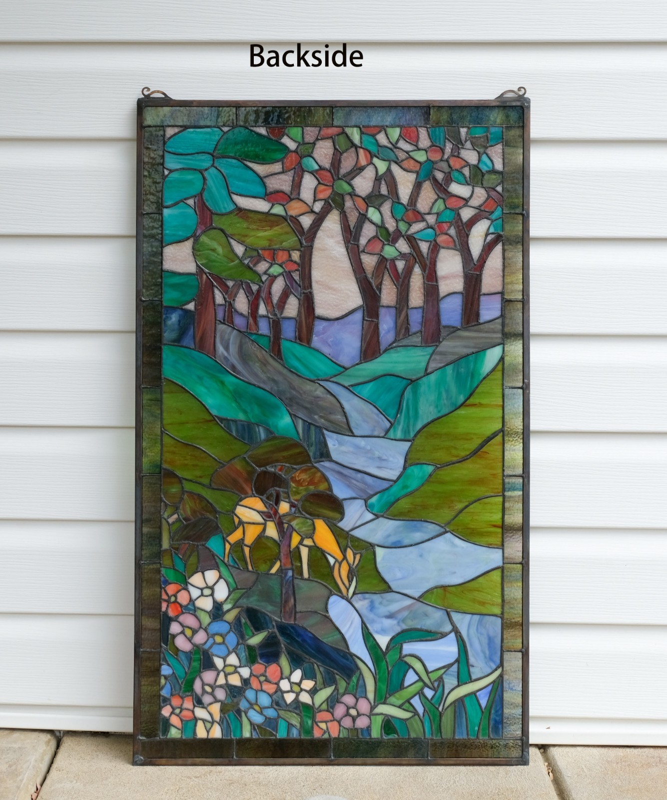 20″ x 33.75″ Tiffany Style stained glass window panel Deer Drinking Water HF446