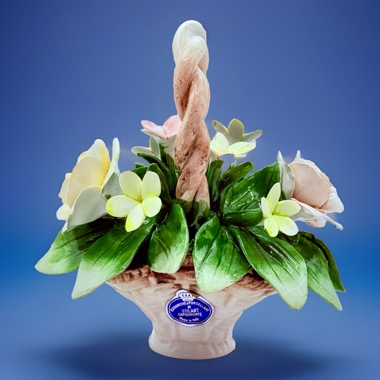 Vintage CAPODIMONTE Flower Basket Italian Porcelain Roses Centerpiece