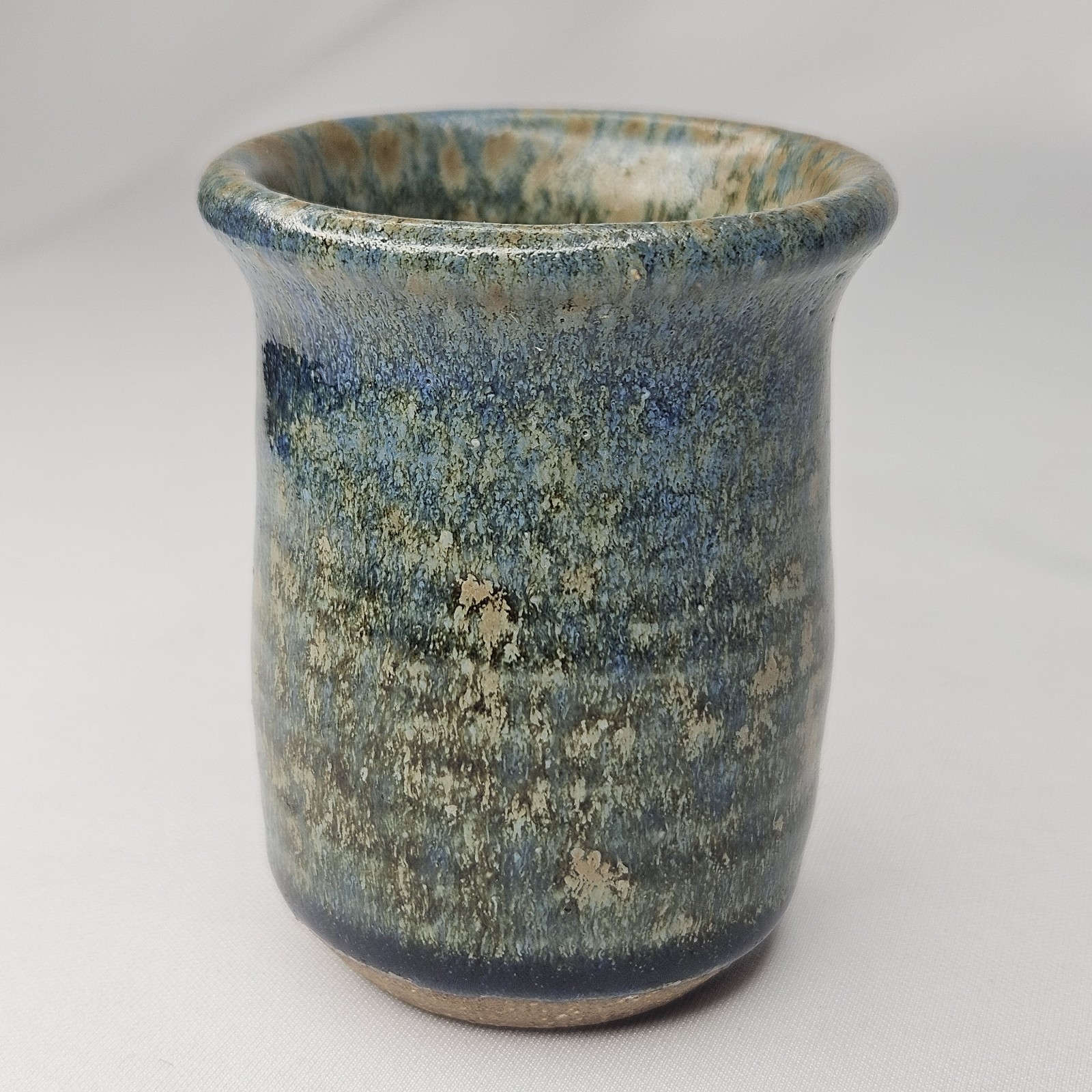 Handthrown Studio Art Pottery 3″ Vase Cup Blue Green Tan Glaze Signed 3oz Vessel