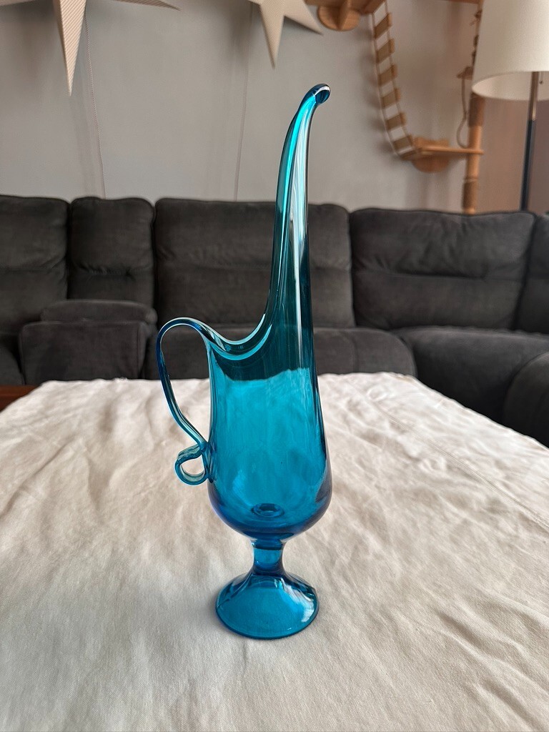 1960’s Vintage Le Smith Peacock Blue Hand Swung Ewer 16″ TALL VASE PITCHER MCM
