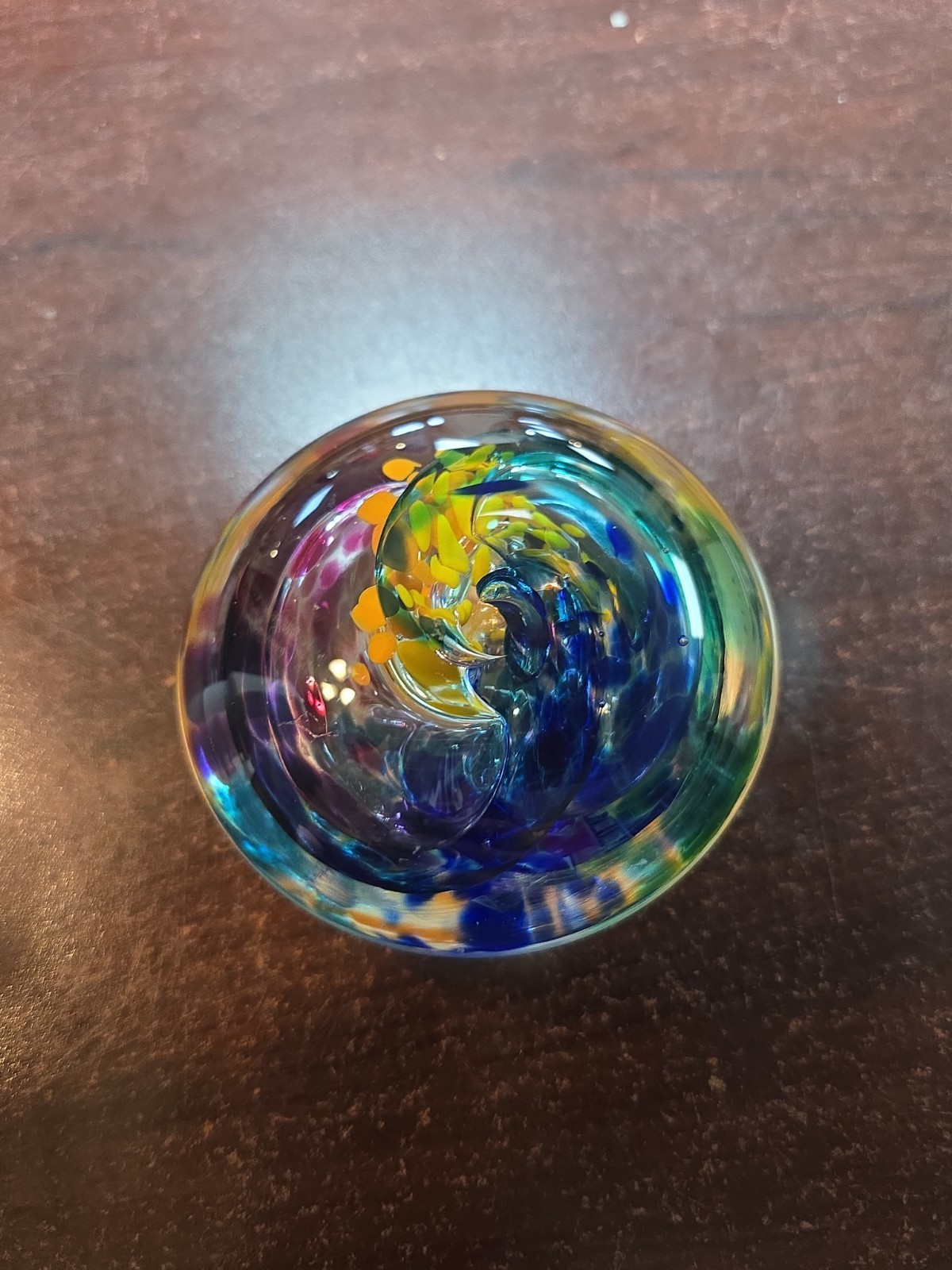 Jim Karg Signed Studio Art Glass Paperweight – Multicolor Swirl” Hand Blown