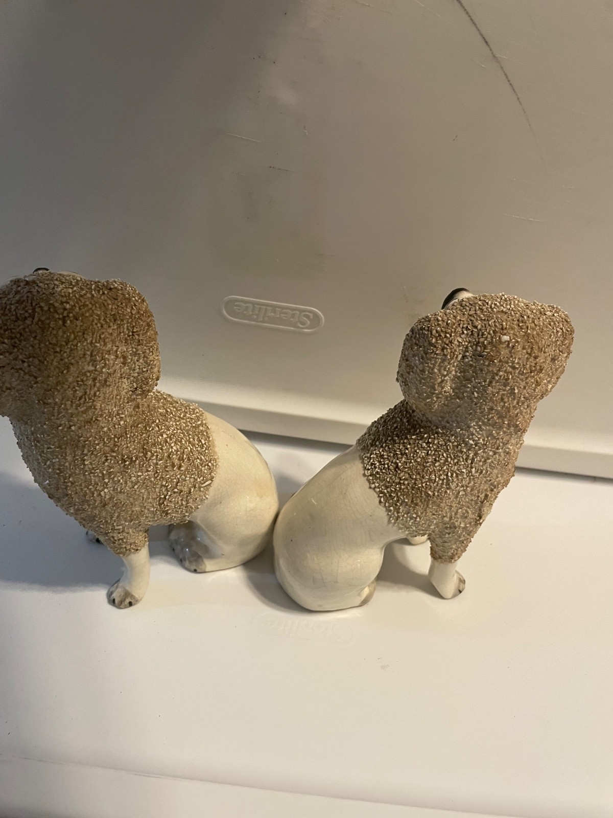 Staffordshire style Porcelain Confetti Poodles. A matching pair -6″ each