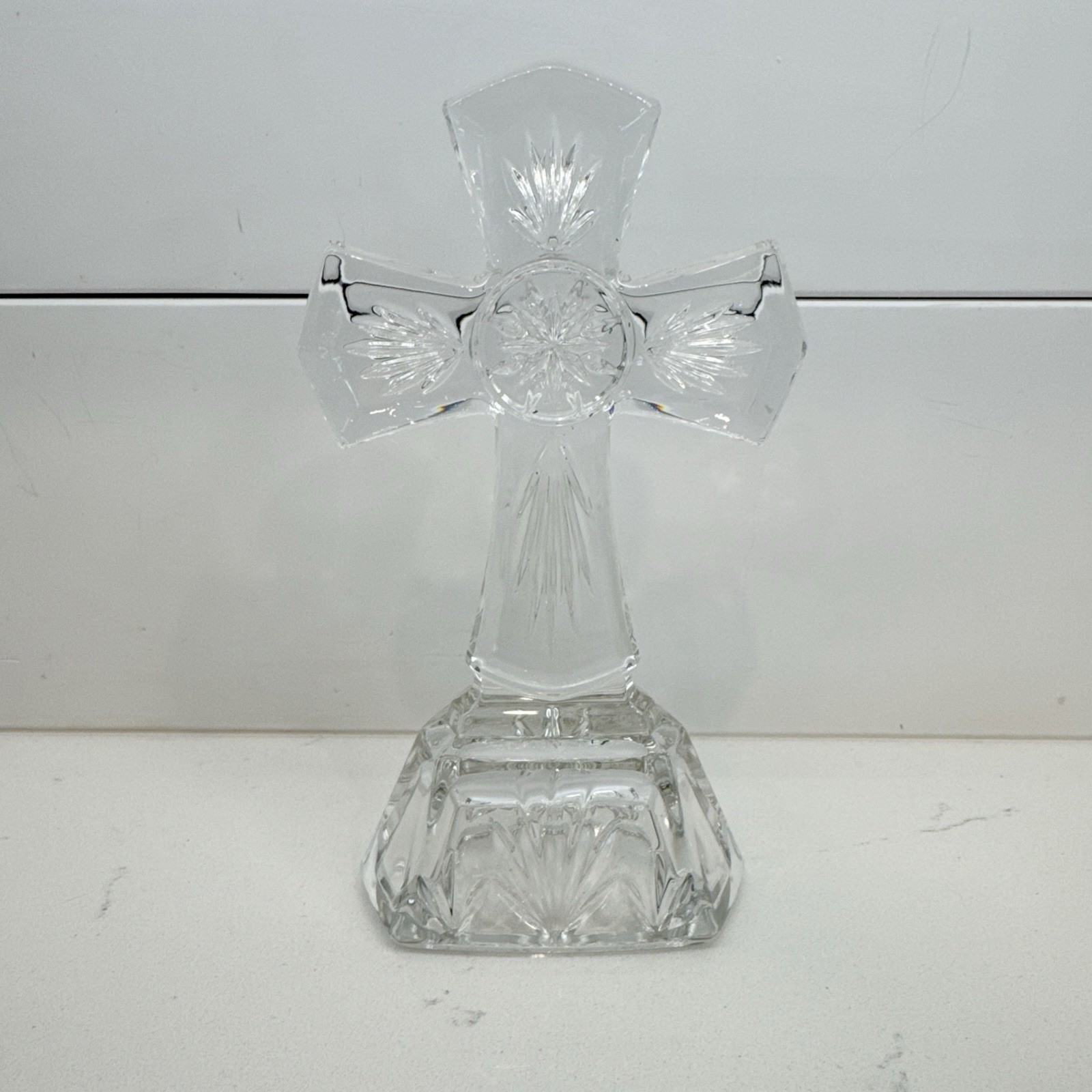 Crystal Cross Figurine 6.5″ Religious Decor Clear Cut Glass Standing Desktop