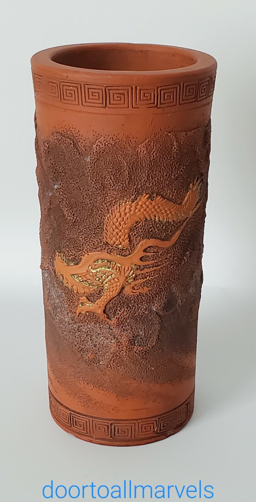 Vintage Chinese Red Clay Yixing Zisha Brush Pot Dragon & Gilding 6.25″H Marked