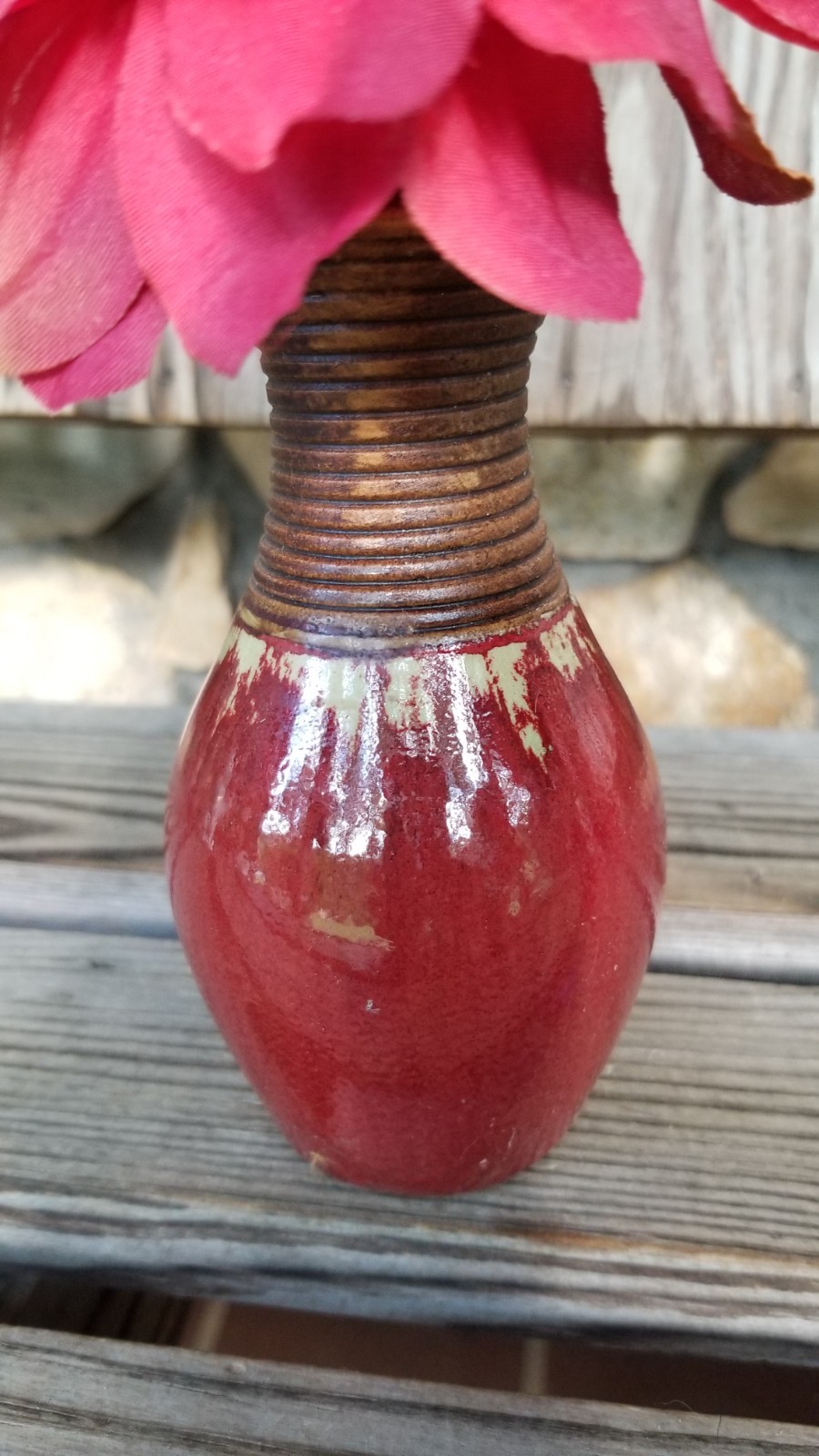 5.5″ Pottery + Wood Vase Vintage w/Red Fabric Dahlia Autumn Thanksgiving Decor