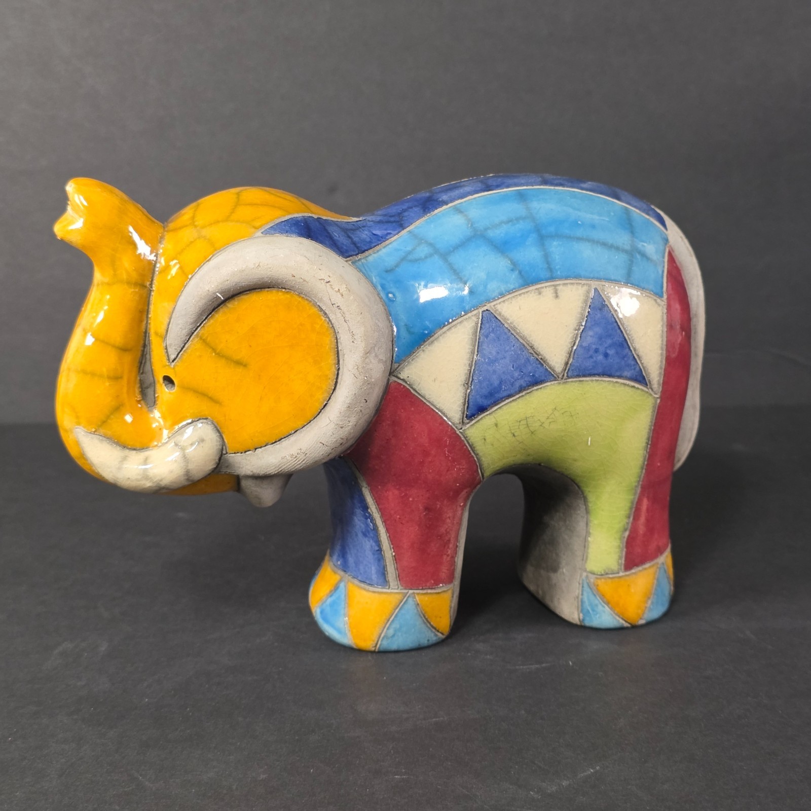 Studio Art Pottery Elephant Crackle Glaze Colorful 7″ Decor Figurine Raku Style