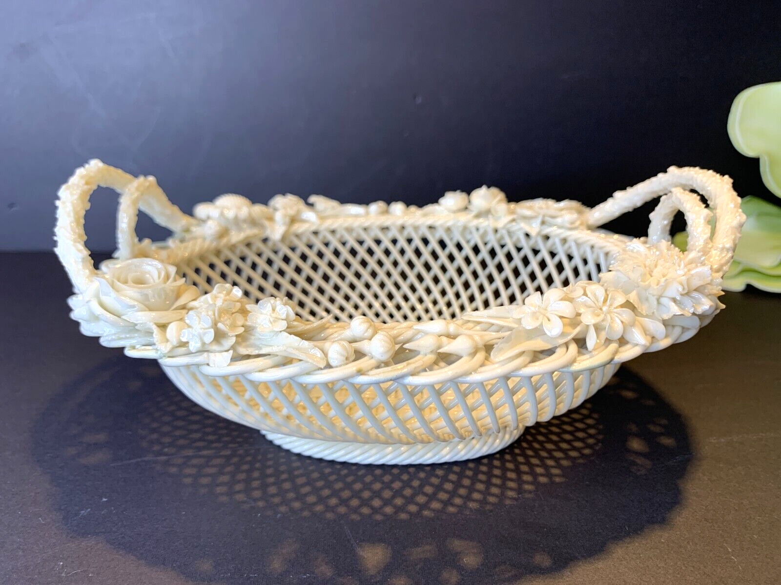Belleek Floral Ornate 3-Strand Oval Basket w/Handles 1st Period 1860s Made