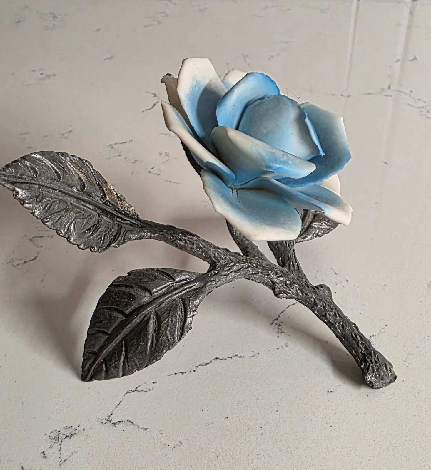 Vintage Capodimonte Blue Porcelain Rose w/ Metal Stem & Leaves Italy Floral