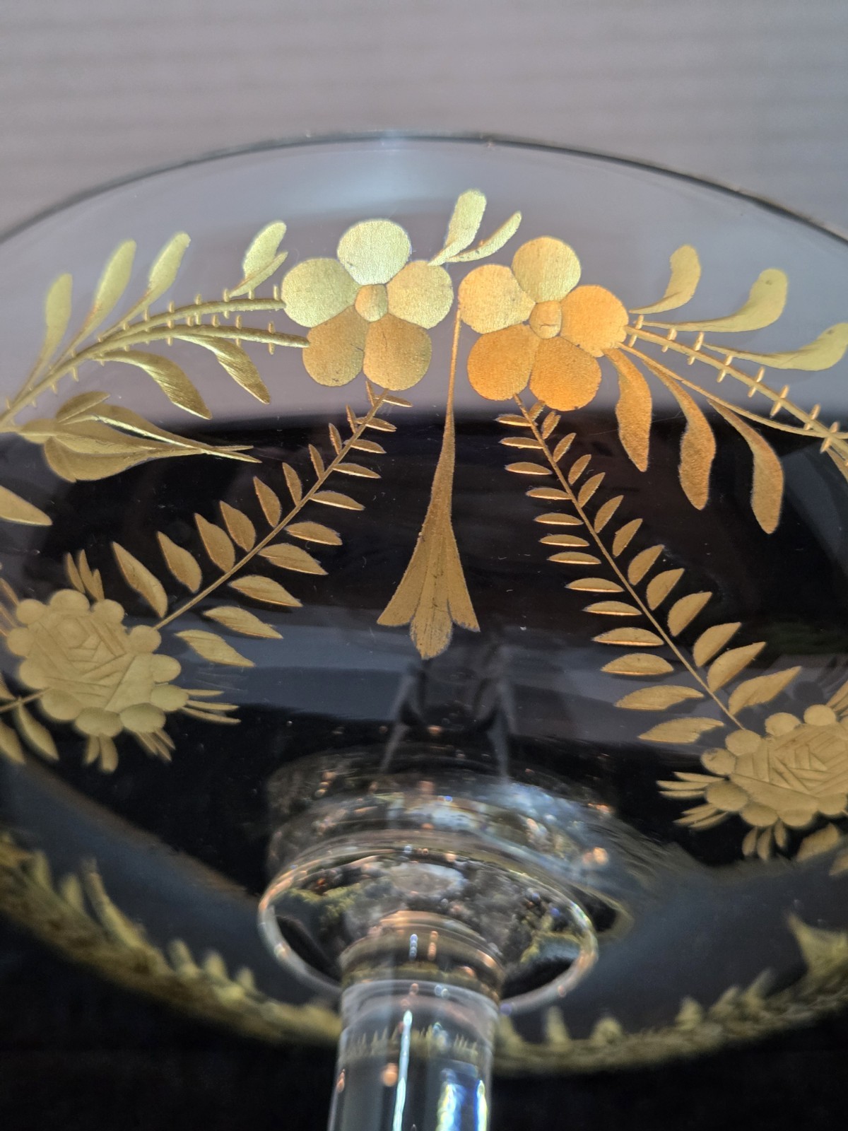Antique Moser Tazza/ Compote Large Cut Crystal with Gold Gilt Intaglio Style 8″