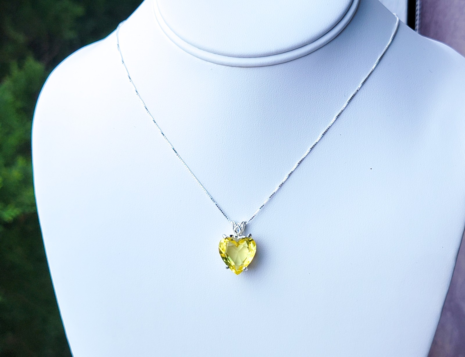 Sterling Yellow Uranium Glass Heart Necklace Canary 925 Silver