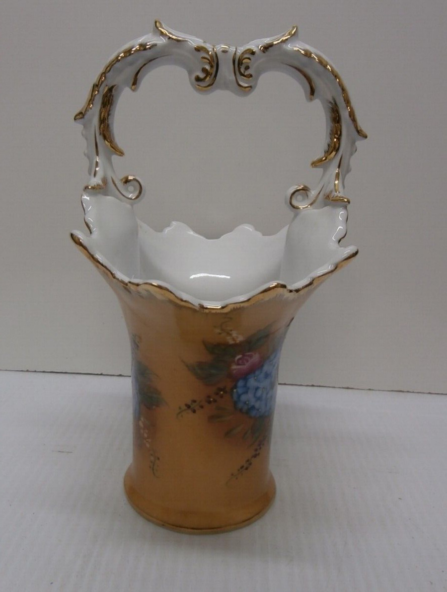 Vintage Flower Basket – Yellow/Gold with Pink and Blue Flowers Gold Trim