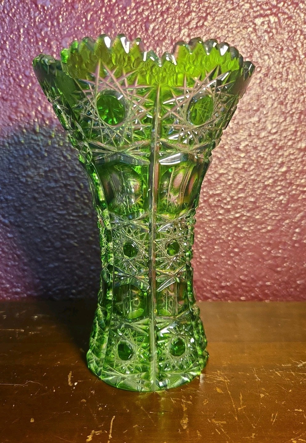 Stunning Rare Czech Hand Cut Lead Crystal Green To Clear 6″ Vase EOC Vintage
