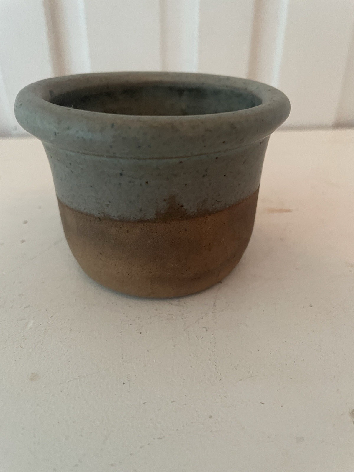 Signed two-toned pottery pot for storage or small plant, 2 1/4 inches tall