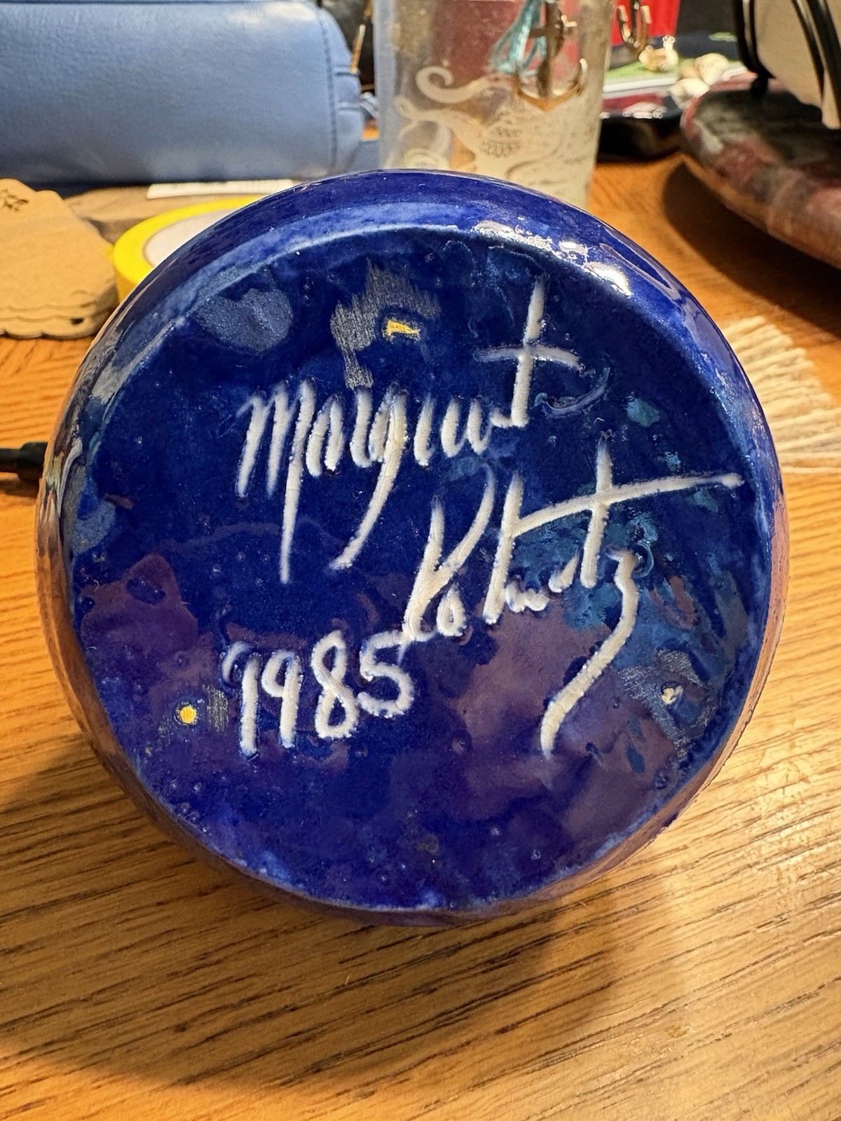 Signed Art Pottery Ceramic Bud Vase 3.5in Blue White Hand Painted 1985