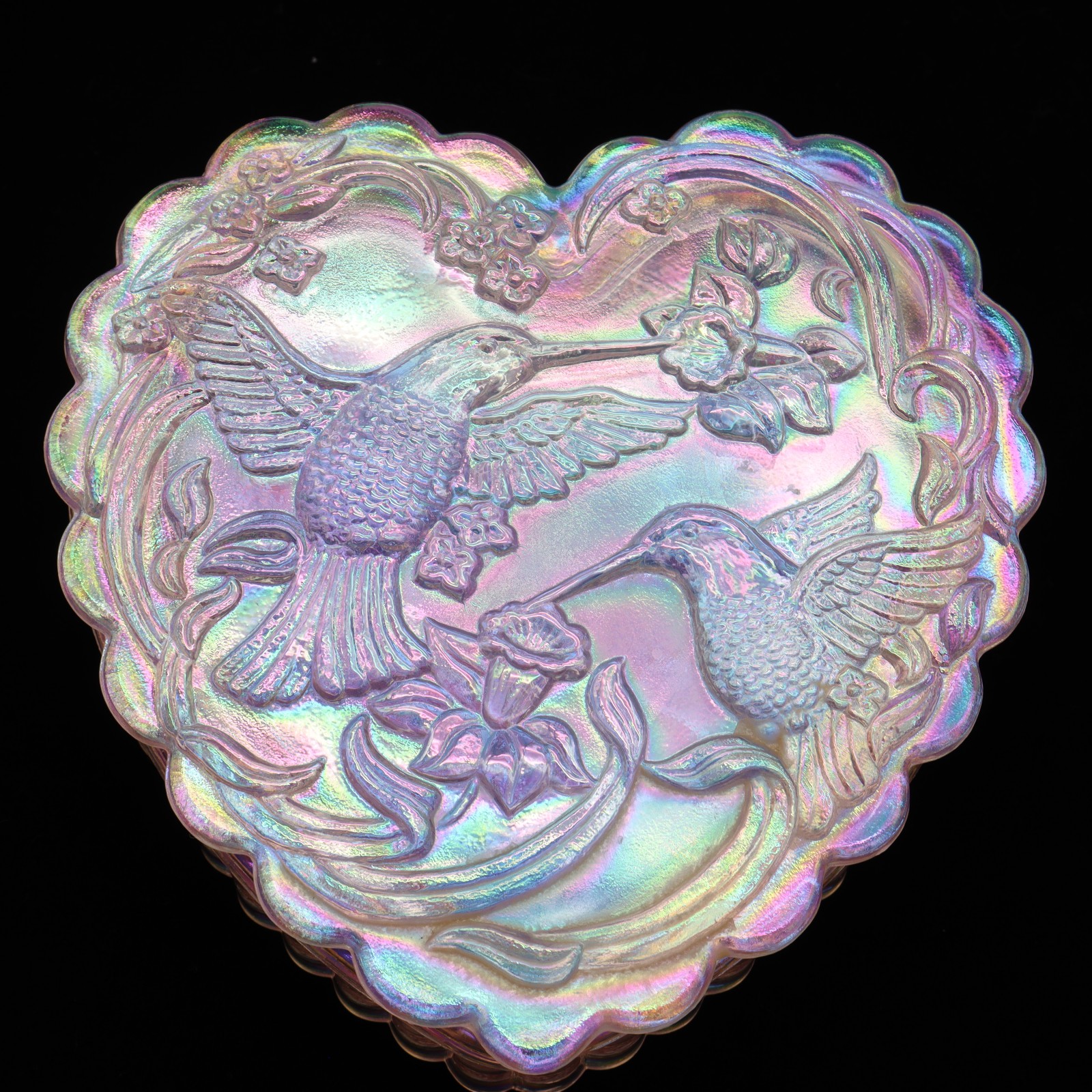 Fenton Light Pink Heart Hummingbird Trinket Jewelry Box Carnival Iridescent