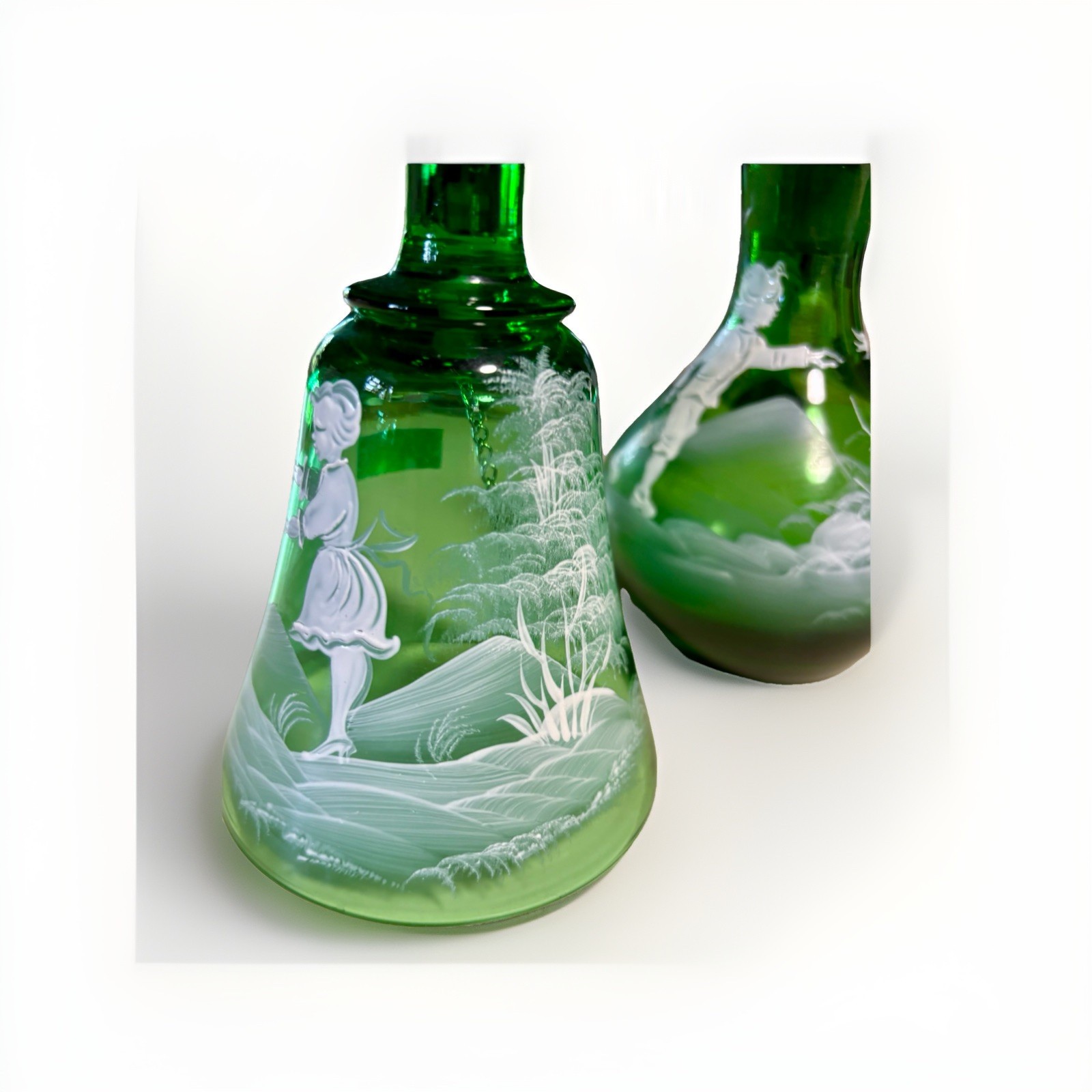 Mary Gregory Emerald Green Glass Cruet Stopper & Bell Vintage Bohemian Czech
