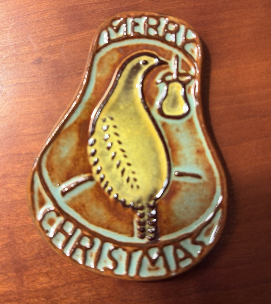 Vintage Nicodemus Pottery Ferro Stone Christmas Ornament Partridge Pear Tree