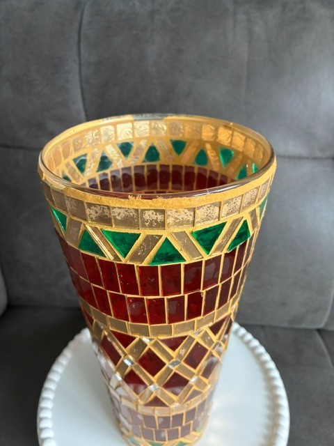 Gorgeous Red, Green, Gold and Mirror Mosaic Decorative 10″ Hurricane Vase