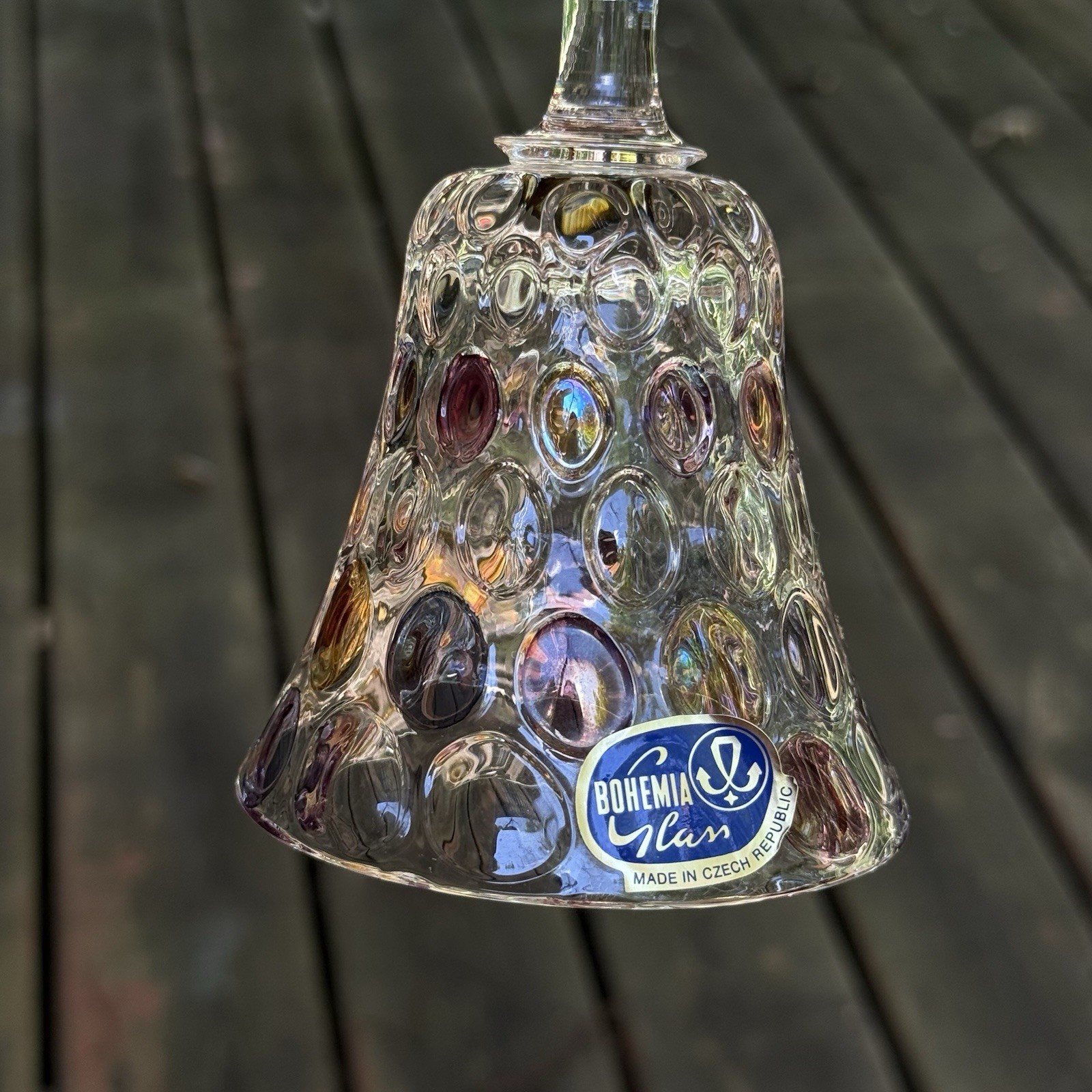 BOHEMIA Glass Bell Czech Republic Iridescent Coin Dot Crystal Hand Bell 5.5in