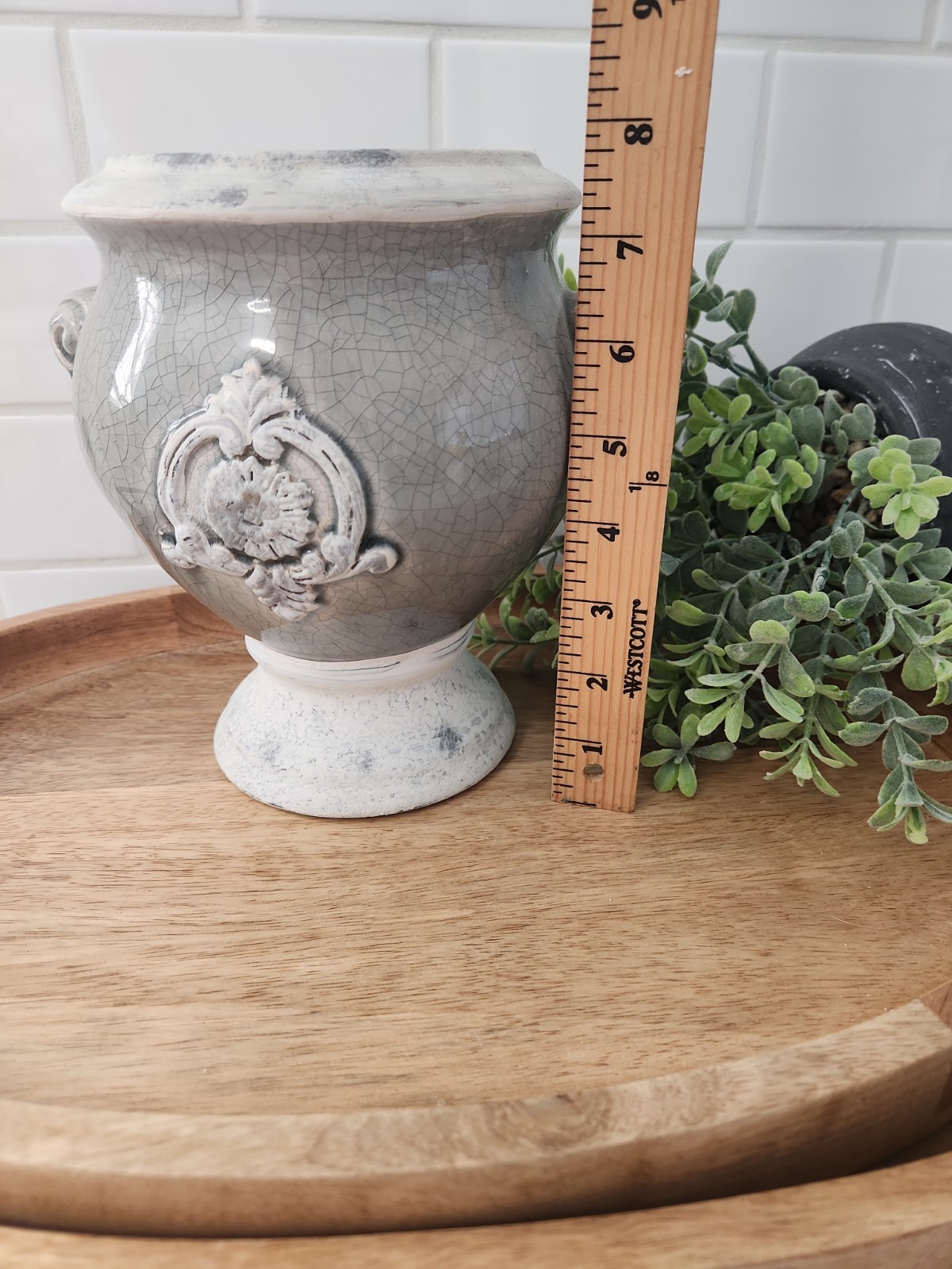 Grey Crackle Glaze Ceramic Urn Decorative Vase with Medallion Handle Home Decor