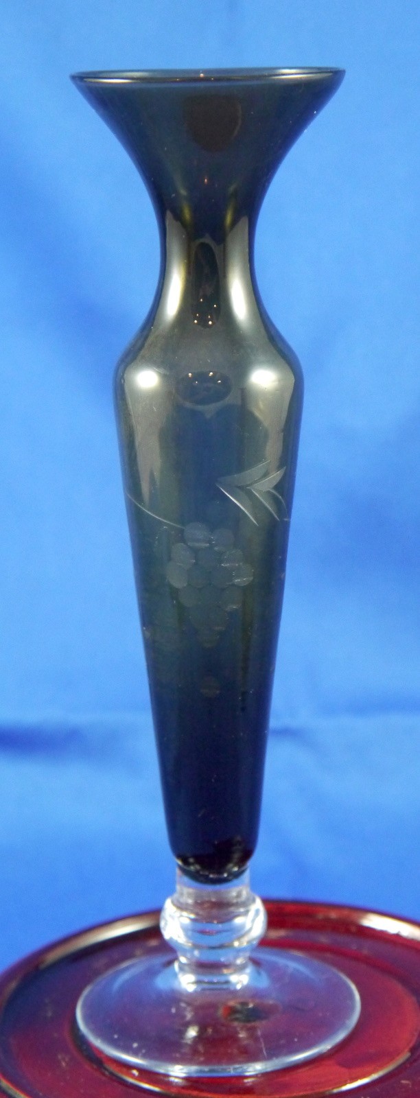 Gray Glass Rose Vase w/ Etched Grape & Vine Design. Clear Foot and Knop. 8.25″