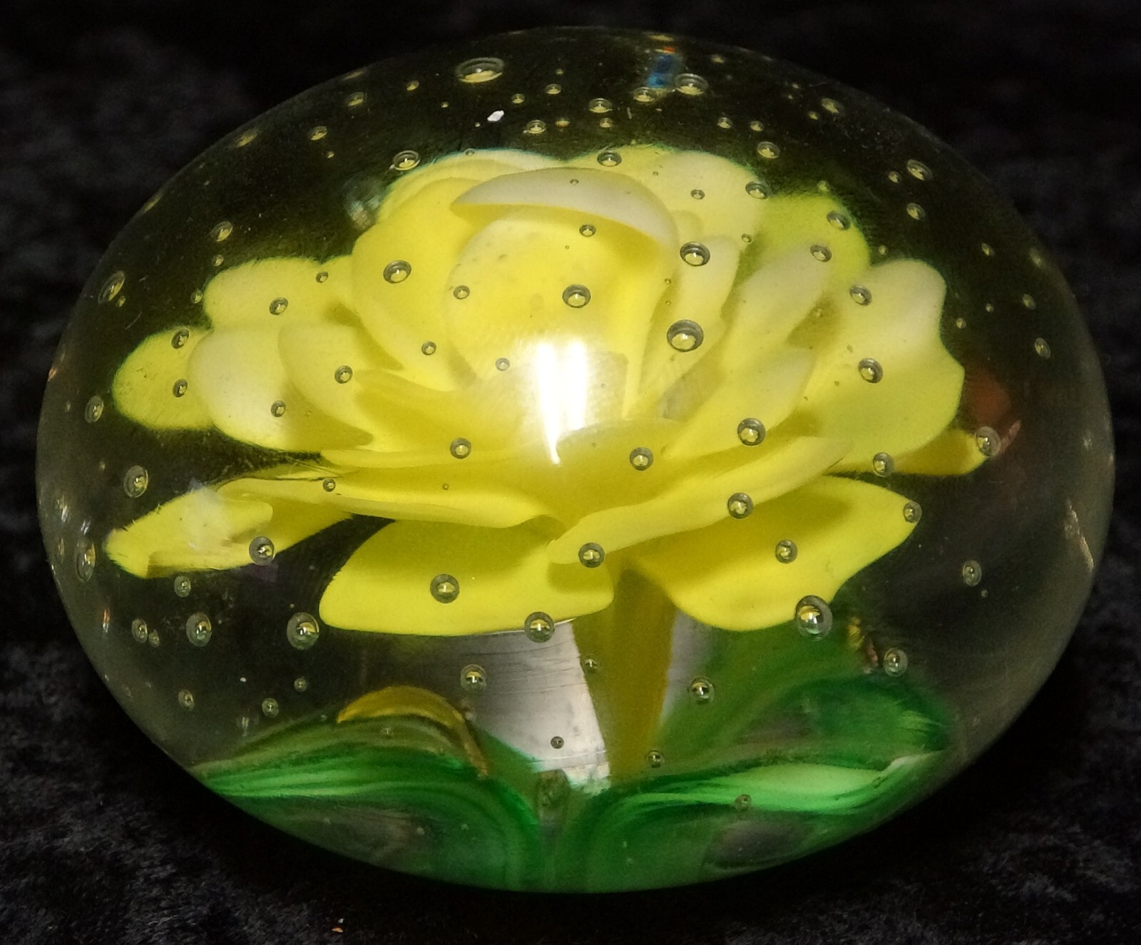 Vintage Art Blown Glass Yellow Rose Paperweight Office Round Globe Sphere 3″