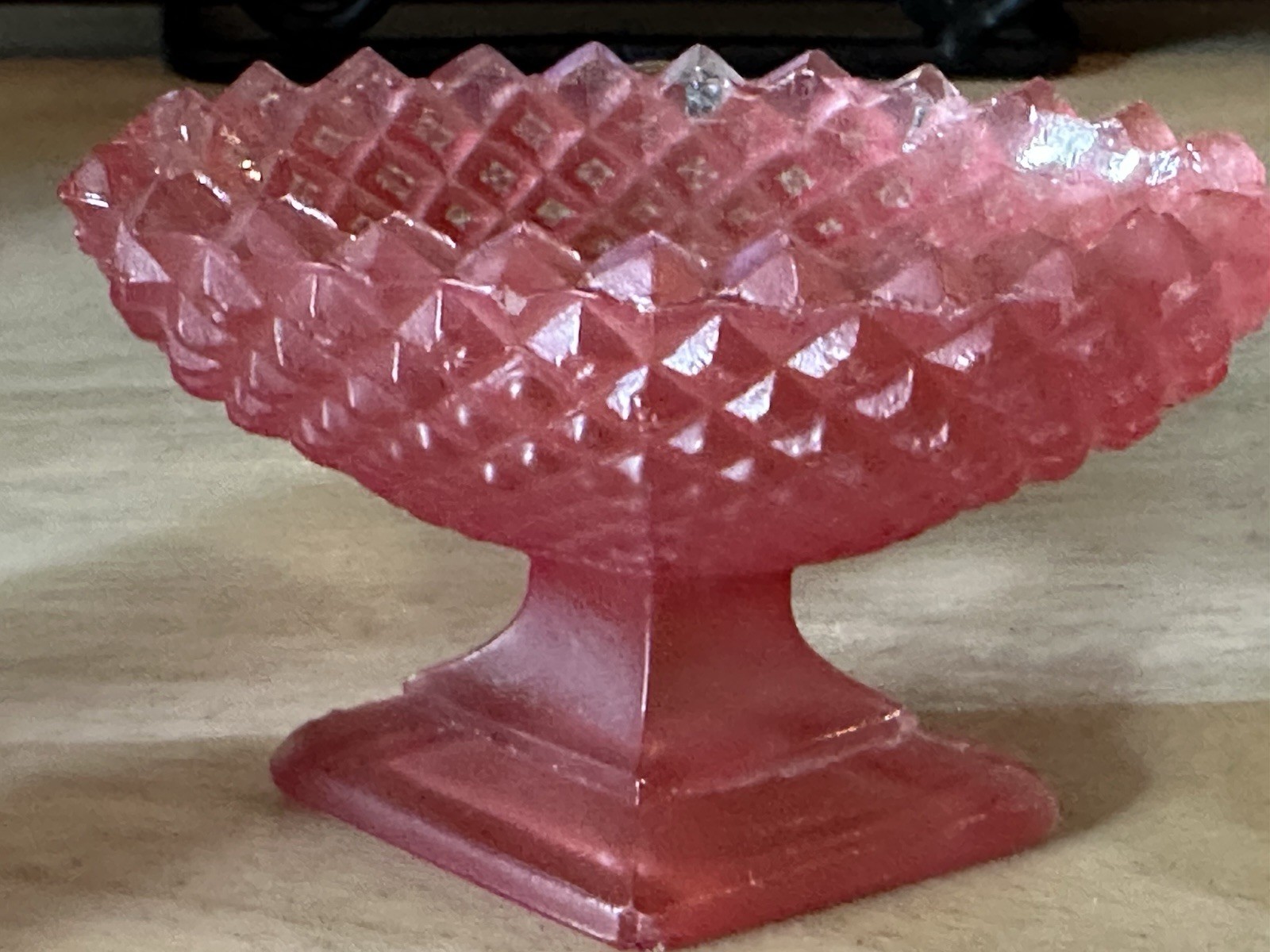 Vintage Pink Glass Miniature Diamond Point Pattern Pedestal Salt Dish Satin Pink