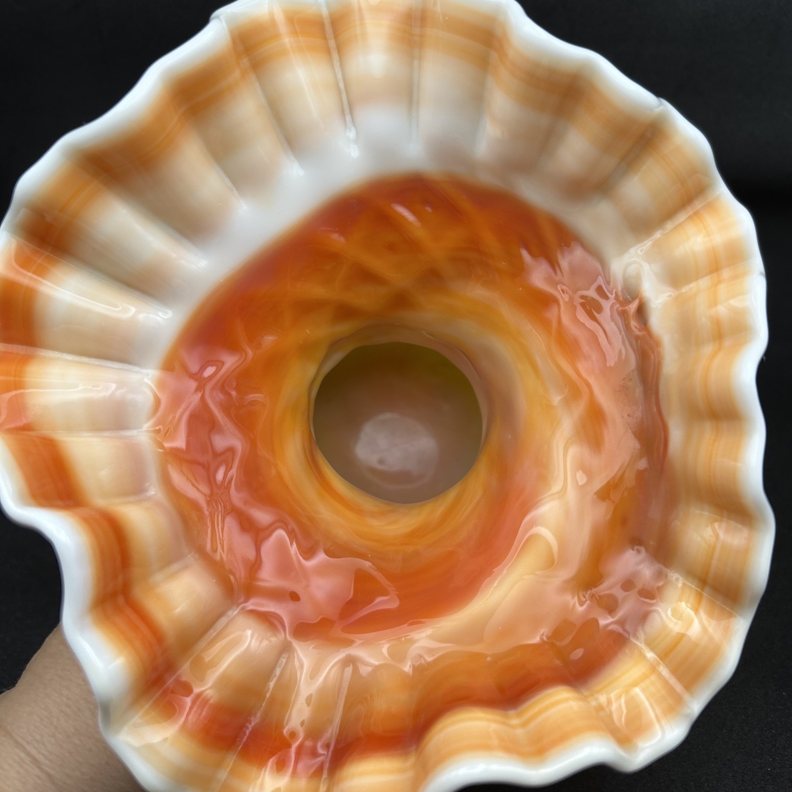 Vintage Kanawha Glass Ruffled Diamond Dot Red Orange White Slag Corset Vase