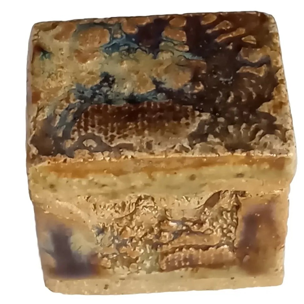 Handmade Pottery Trinket Box Textured Clay Puzzle style Lid Brown Glaze EUC