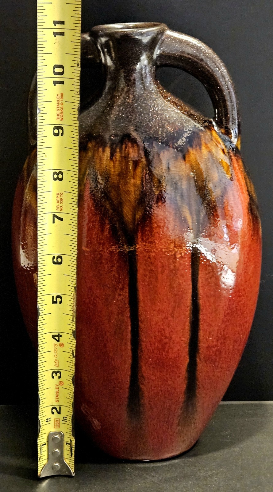 Vintage Studio Pottery Amphora Vase Drip Lava Glaze Rust Brown Double Handle MCM