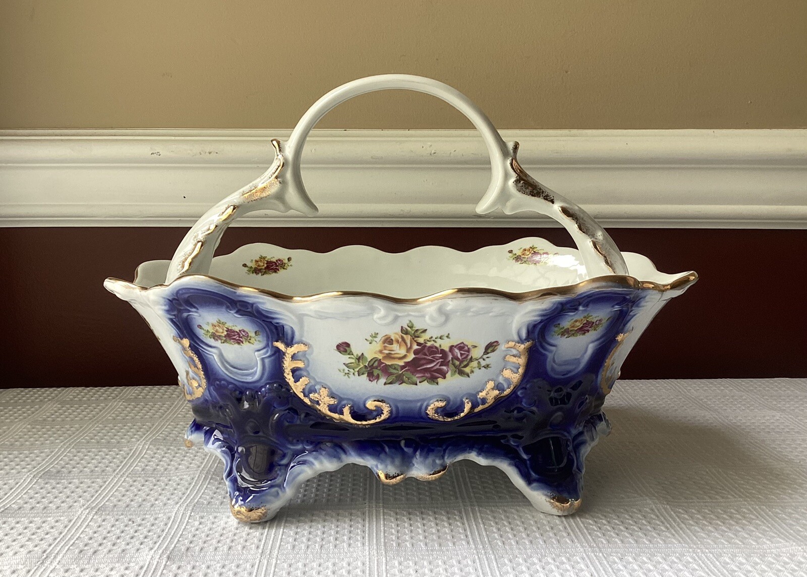 Antique ARPO Fine Porcelain Floral Footed Basket/Bowl, Romania, Cobalt & Gold
