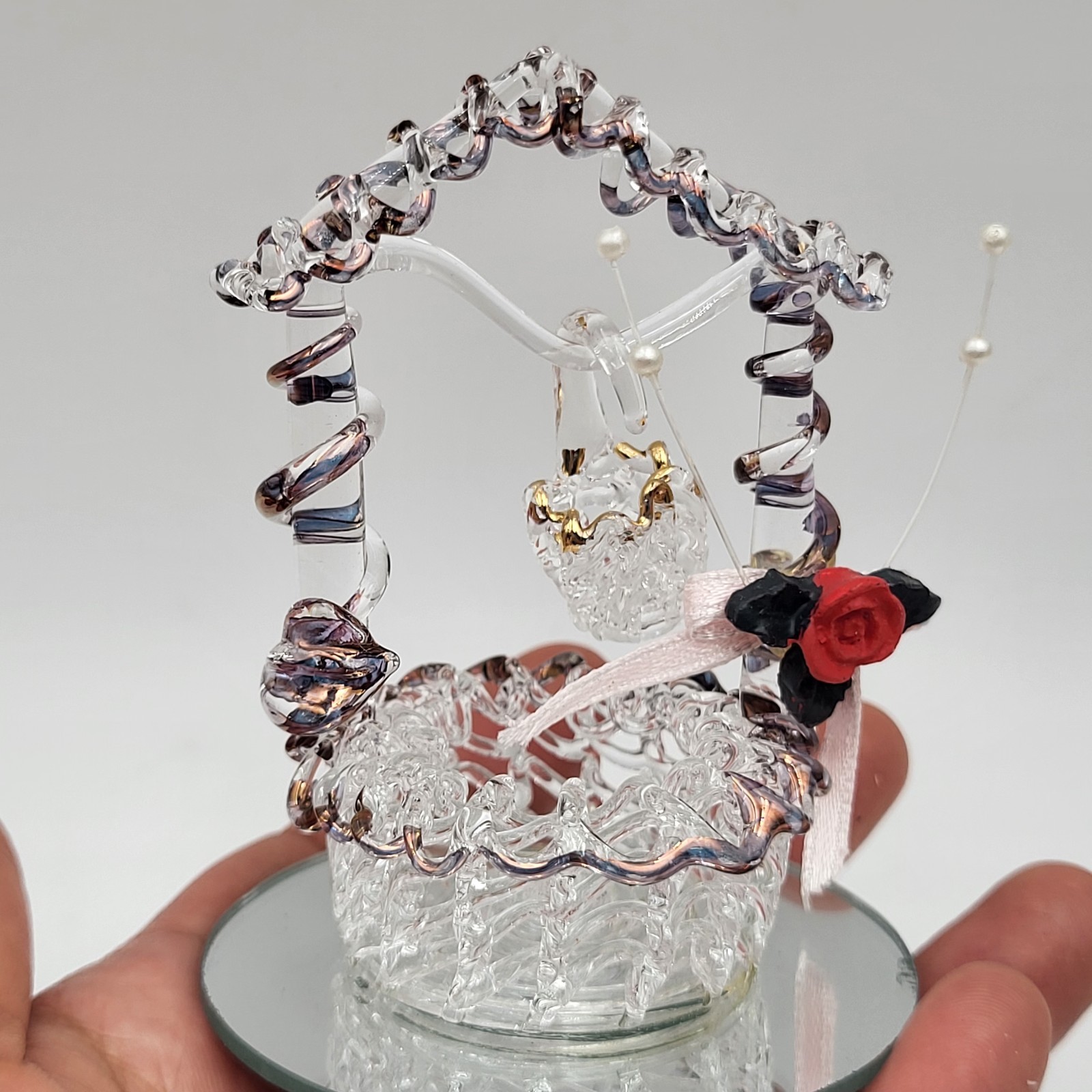 Vintage Clear Gold Trim Spun Glass Wishing Well on Mirror