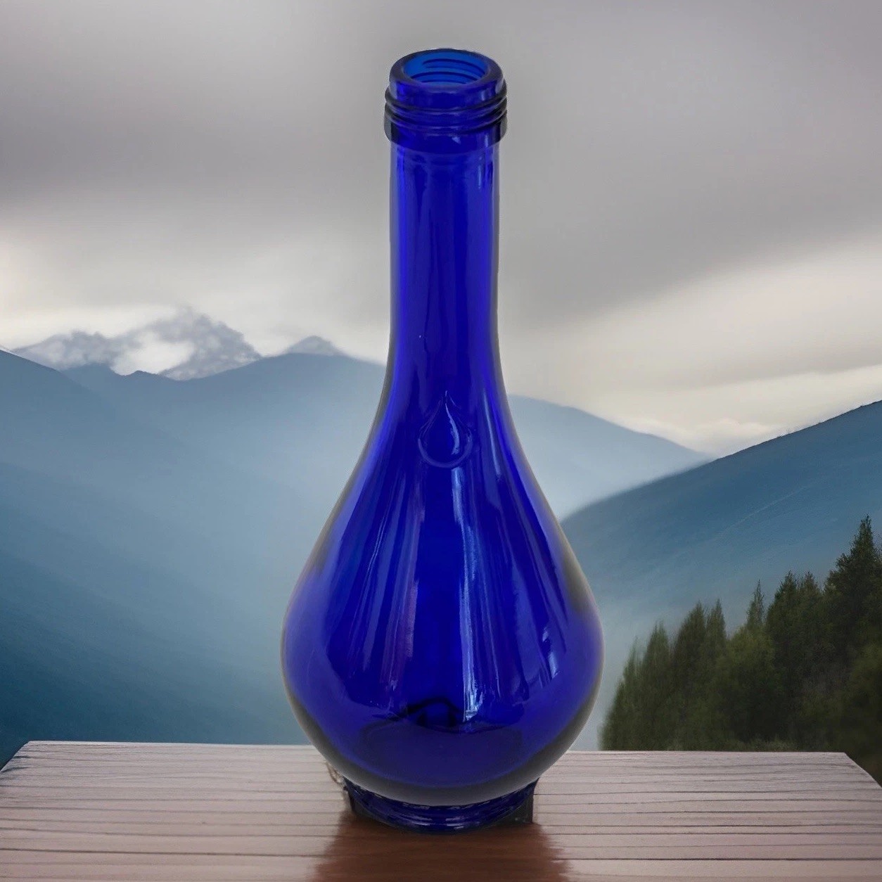Vintage 8.5” Acqua Della Madonna Cobalt Blue Teardrop Bottle Italy