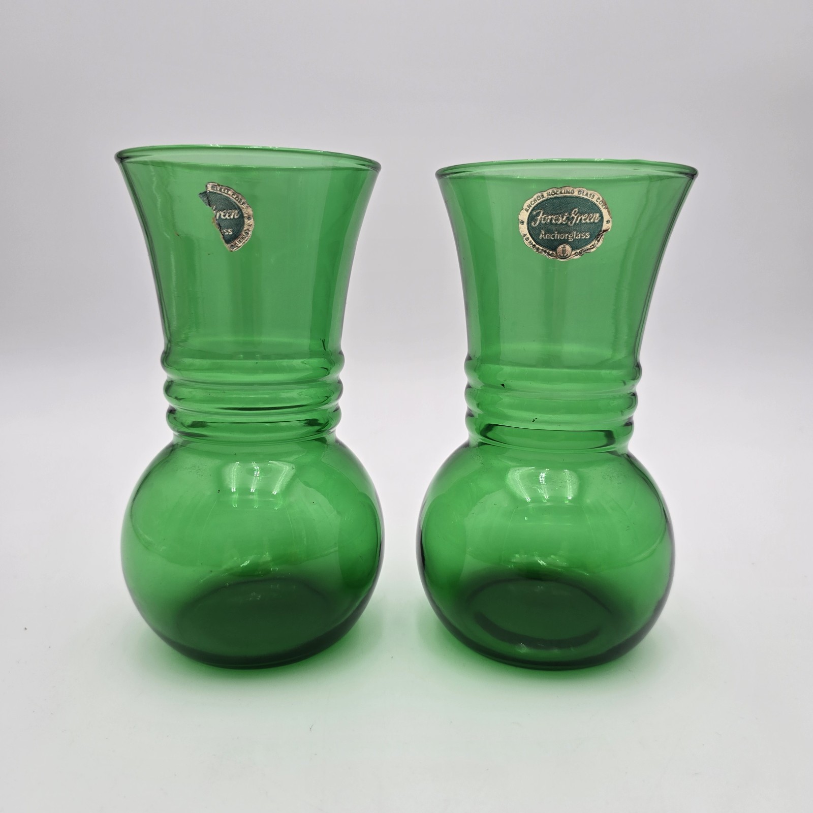 Vintage Anchor Hocking Emerald Green Tall Glass Flower Vases 6 3/8″ Set Of 2