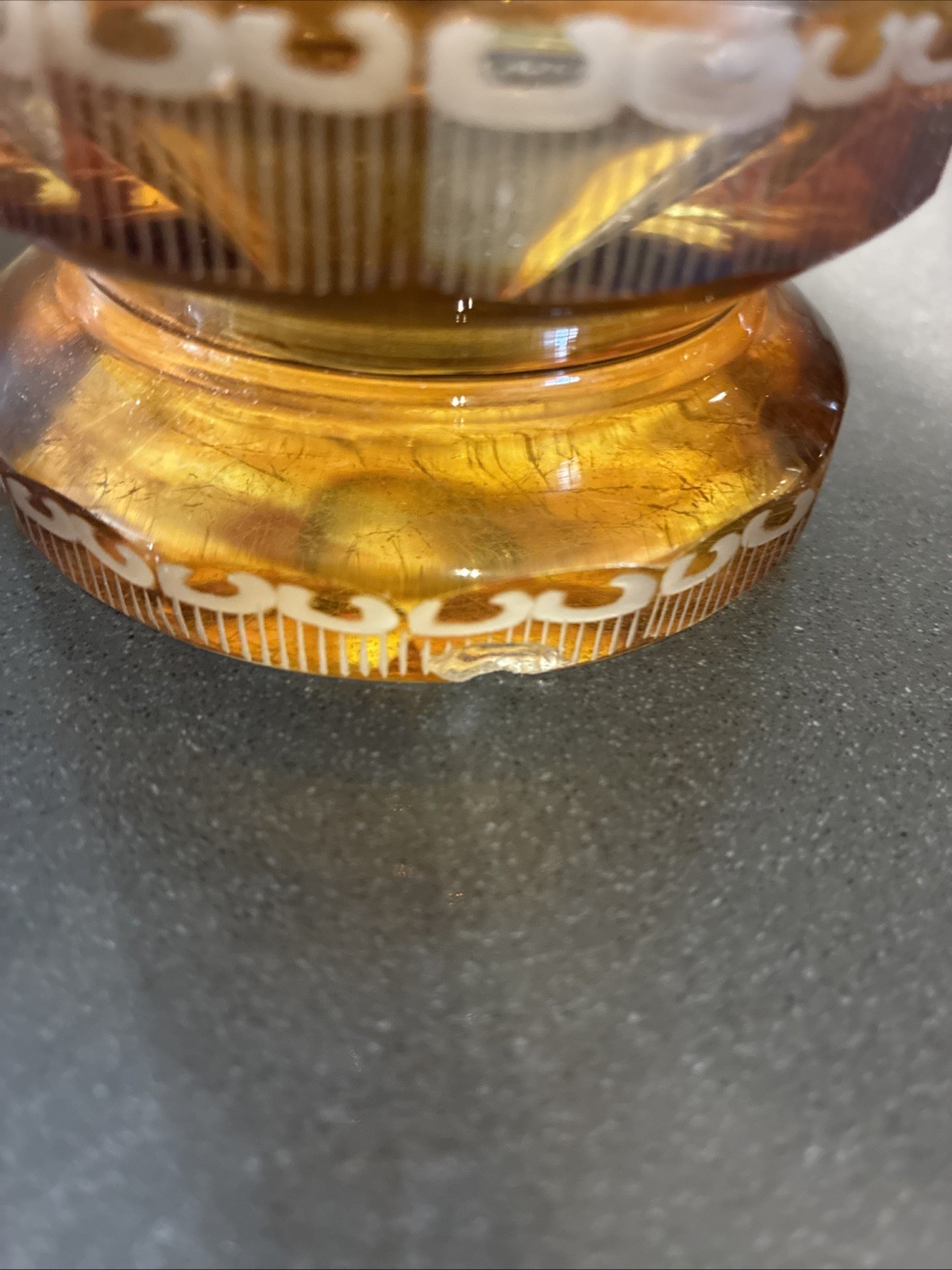 ANTIQUE HAIDA BOHEMIAN AMBER FLASHED CUT TO CLEAR CRYSTAL VASE GRAPEVINE 1930s