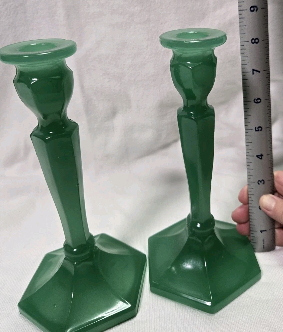 Vintage McKee Jadeite Green Glass Candlestick Holders Pair 8″ Hex Deco