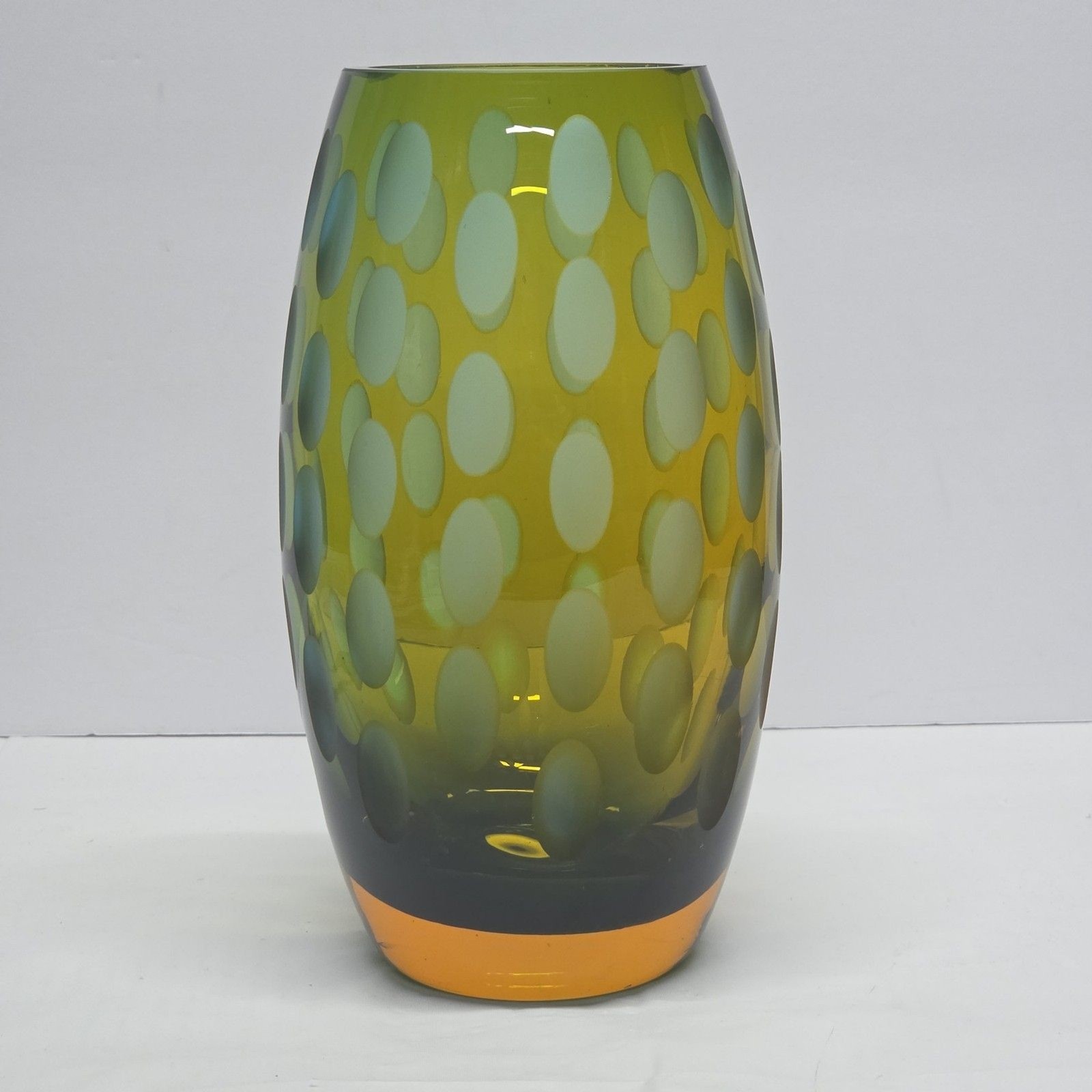 Vintage MCM Abstract Art Glass Vase Green & Amber Frosted Thumbprint