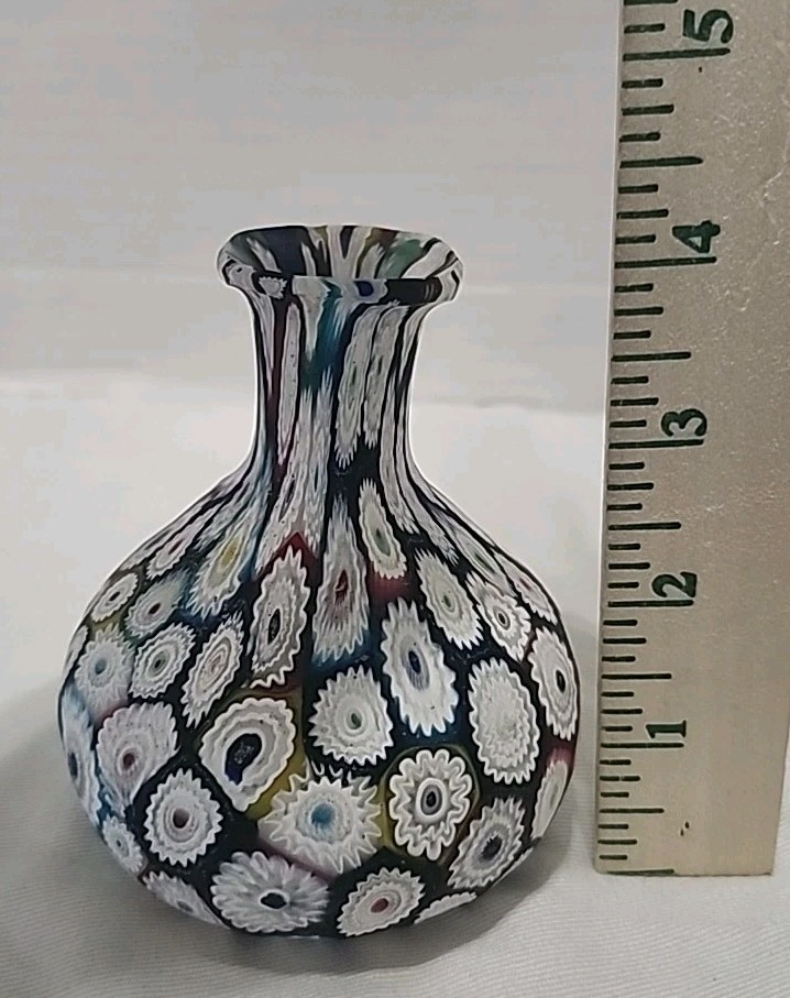 Murano Vintage Millifiore Fratelli Toso Vase, Purple Blue Red White – 4”T