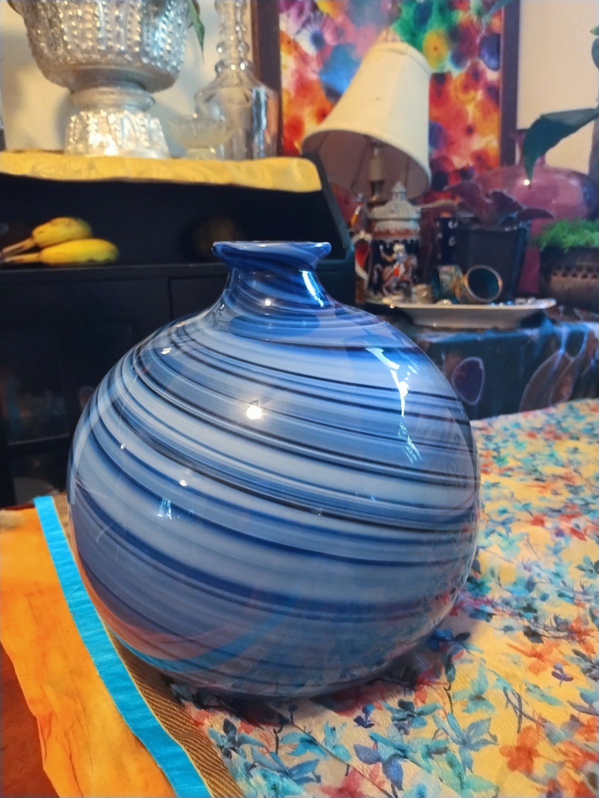 Hand Blown Art Glass Orb Ball Vase Blue Swirl