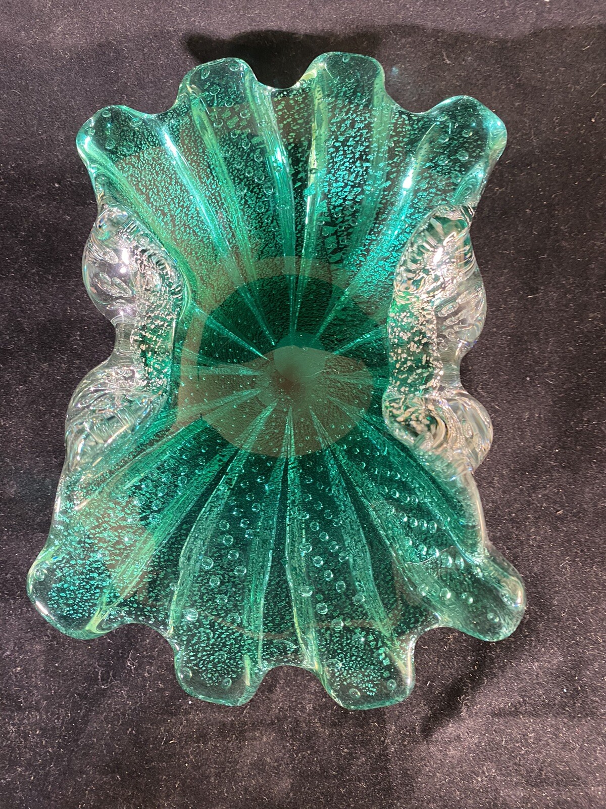 Barovier Toso Vintage Murano Glass Console Dish In Teal Green With Silver Leaf