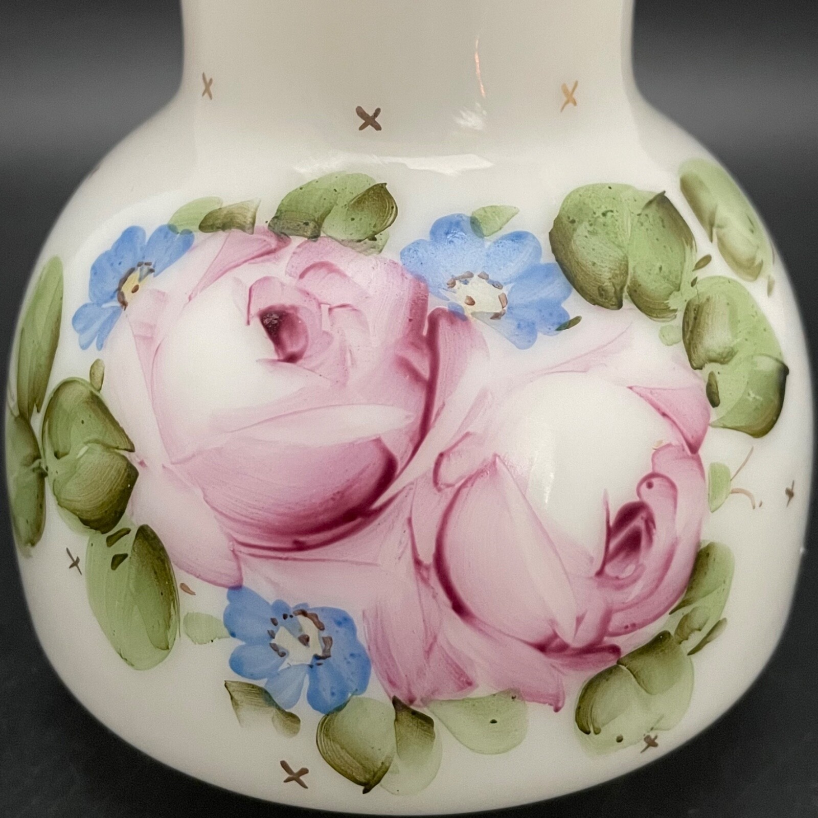 Fenton Art Glass Charleton Roses Ruffled Milk Glass Bud Vase c1940-1959 USA 5.5″