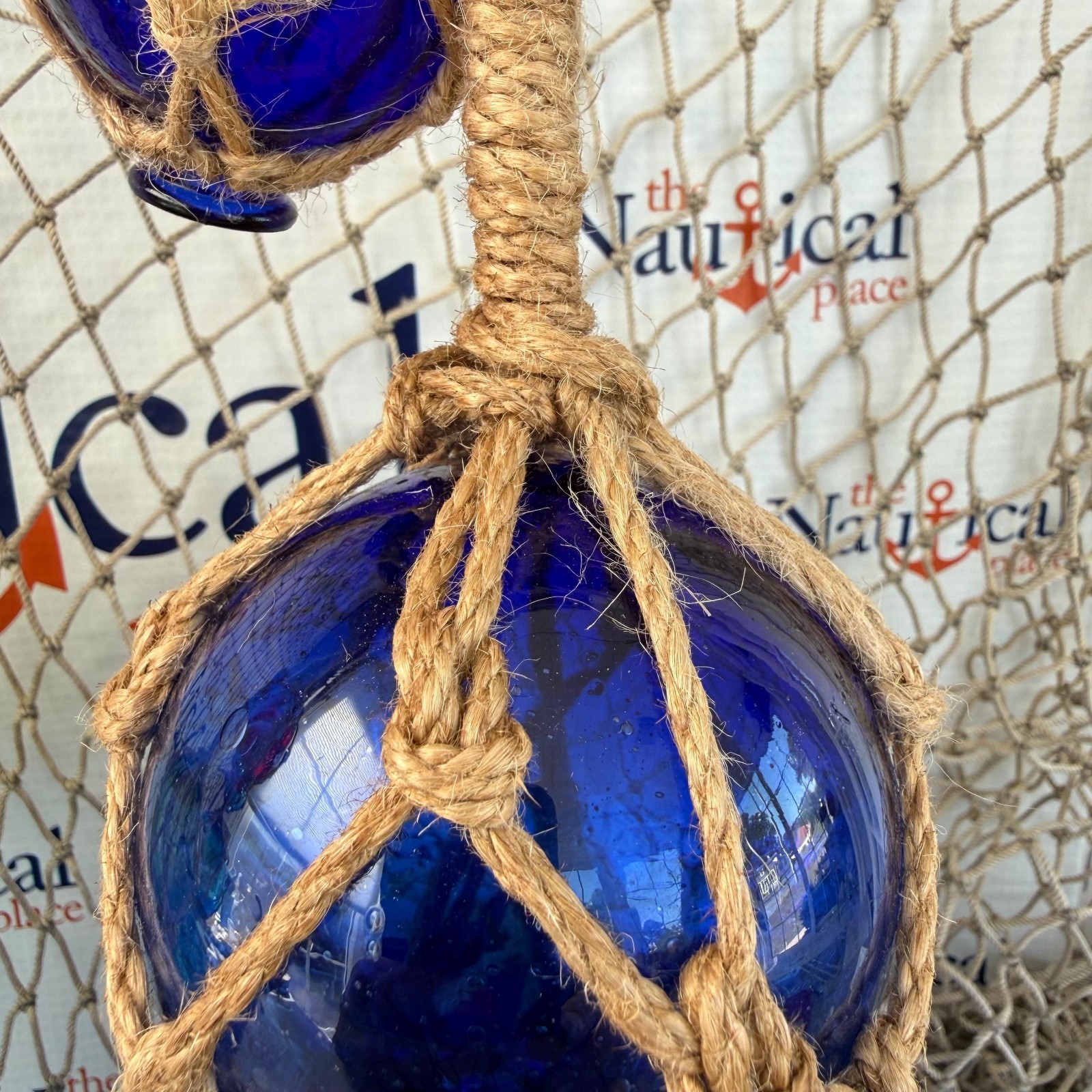 3 Glass Fishing Floats On Jute Rope, Red, Green, Blue, Aqua Fish Net Buoy