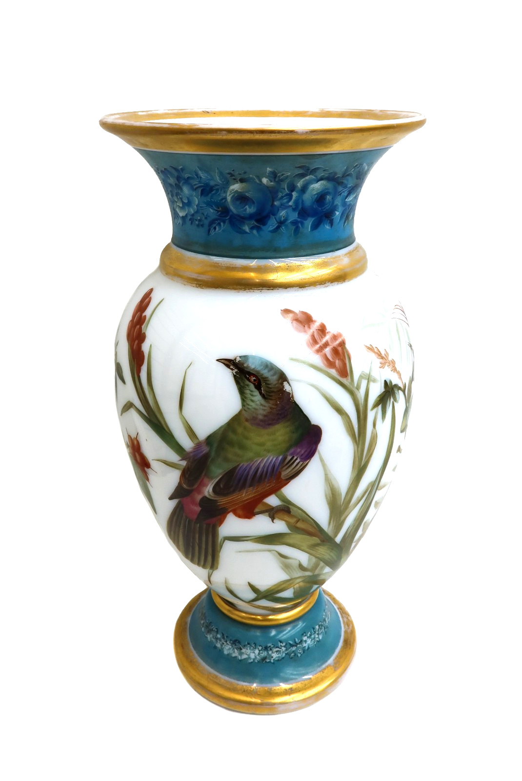 Baccarat French White Opaline Glass Hand Painted Swallows Birds Vase c1900