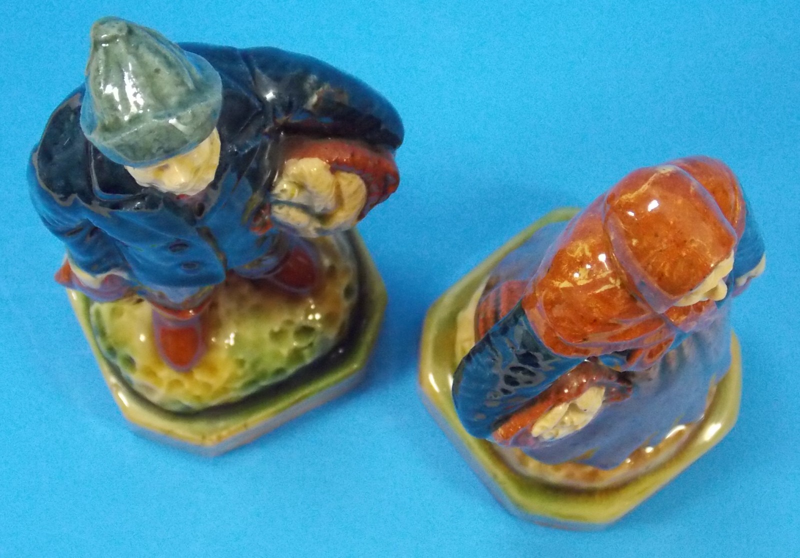 Vintage Continental Majolica Pottery Fisherman & Wife Figures Marked 6 1/2″