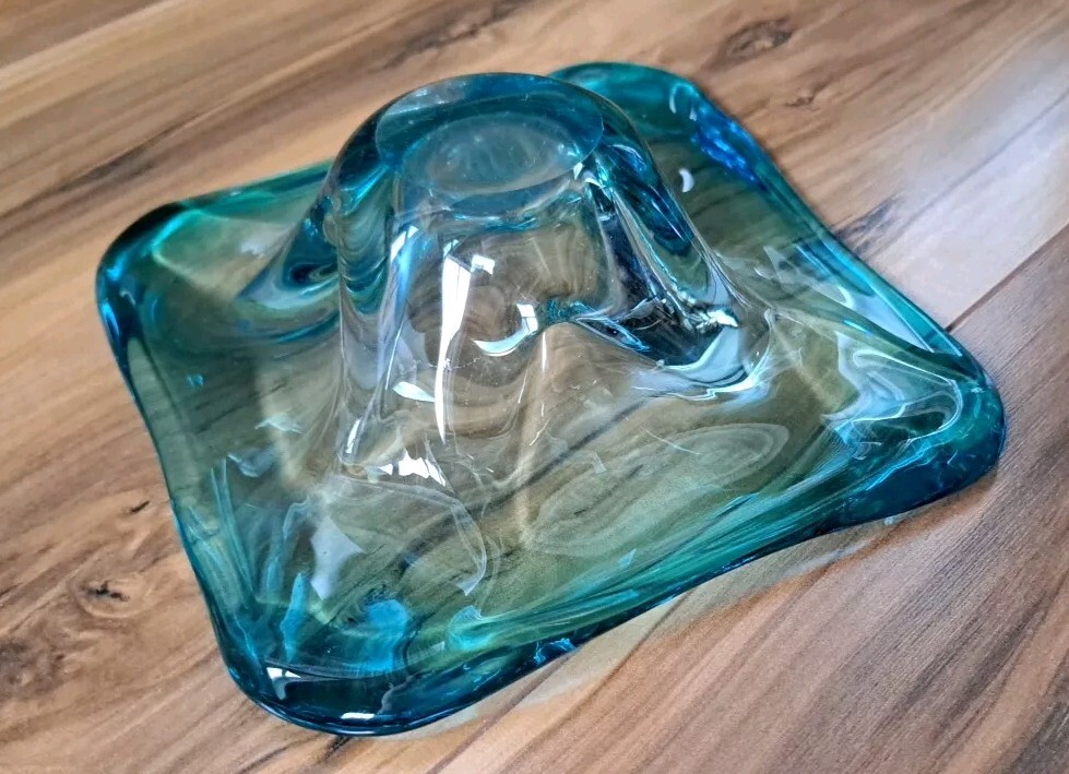 Vintage Bohemian Blue Art Glass…Handblown…Approx…7″x7″x2″ See Photos